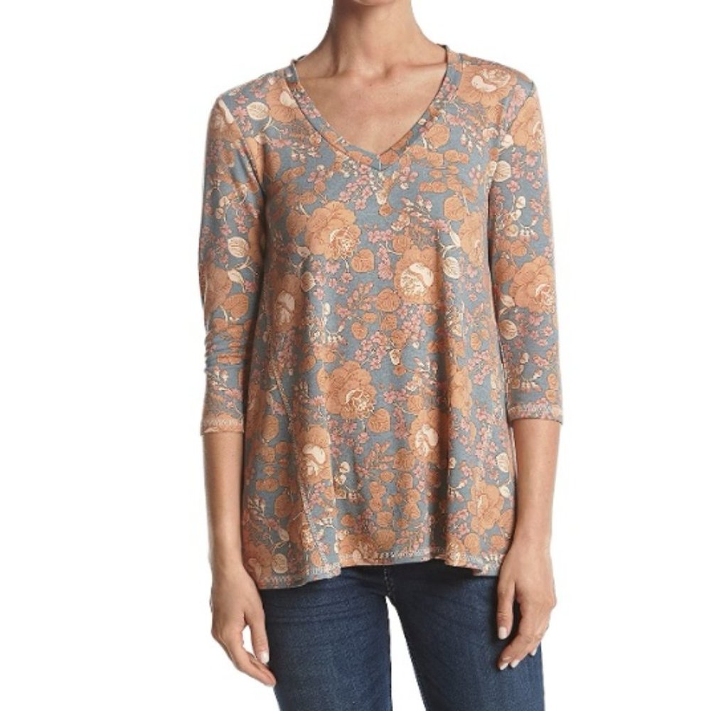 Womens Bobeau V-Neck Floral Tunic 3/4 Length French Terry Sweatshirt Size Sm NWT